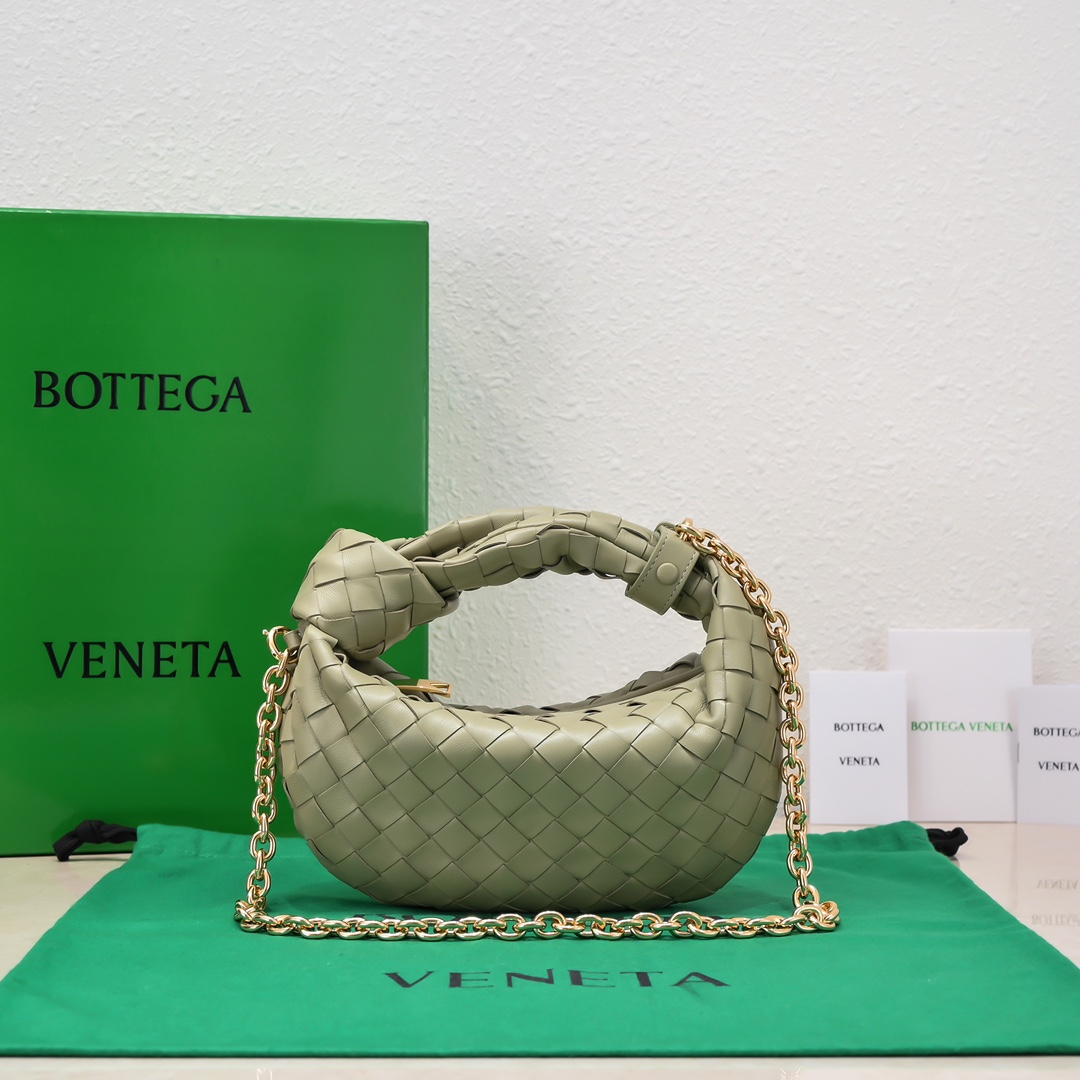 Bottega Veneta Mini Jodie Intrecciato Leather Top Handle Bag With Chain Strap Light Green