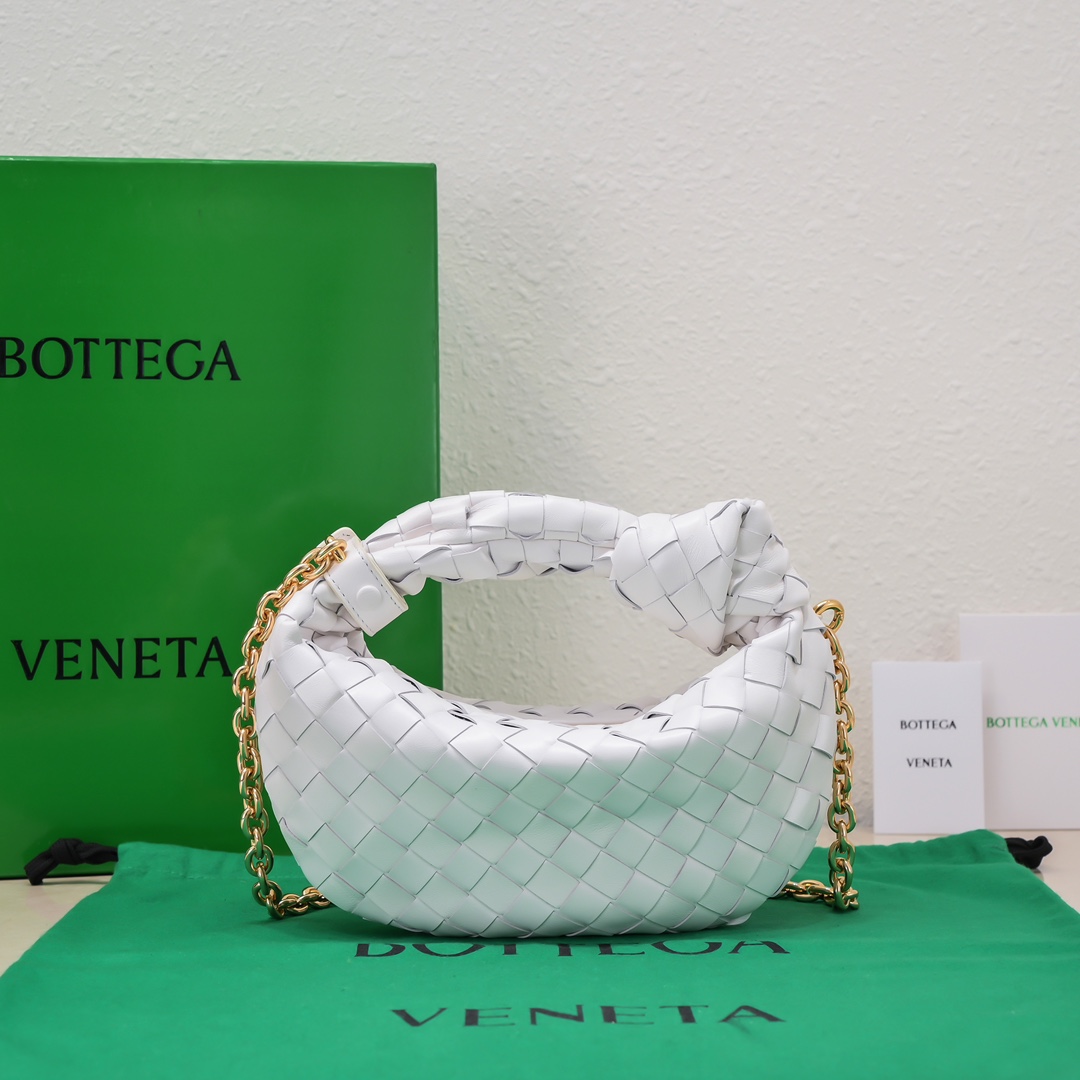 Bottega Veneta Mini Jodie Intrecciato Leather Top Handle Bag With Chain Strap White