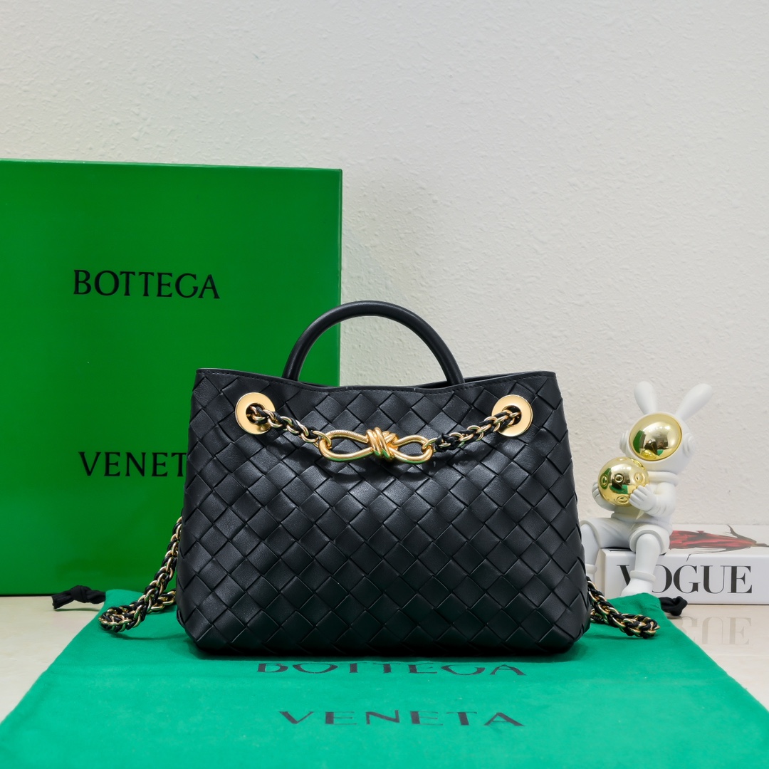 Bottega Veneta Small Andiamo With Chain Top Handle Bag in Supple Intrecciato Leather Black