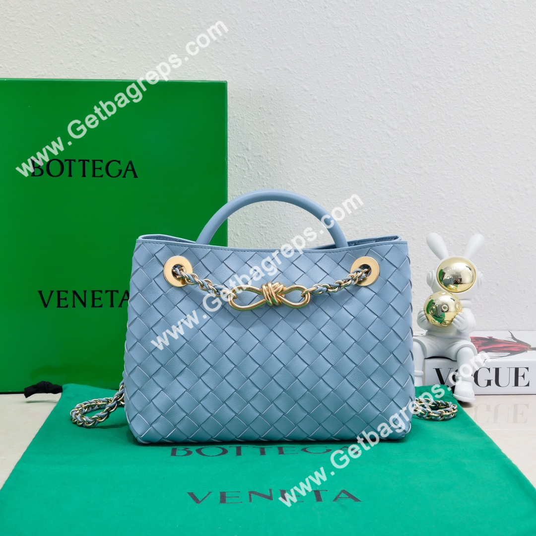 Bottega Veneta Small Andiamo With Chain Top Handle Bag in Supple Intrecciato Leather Blue
