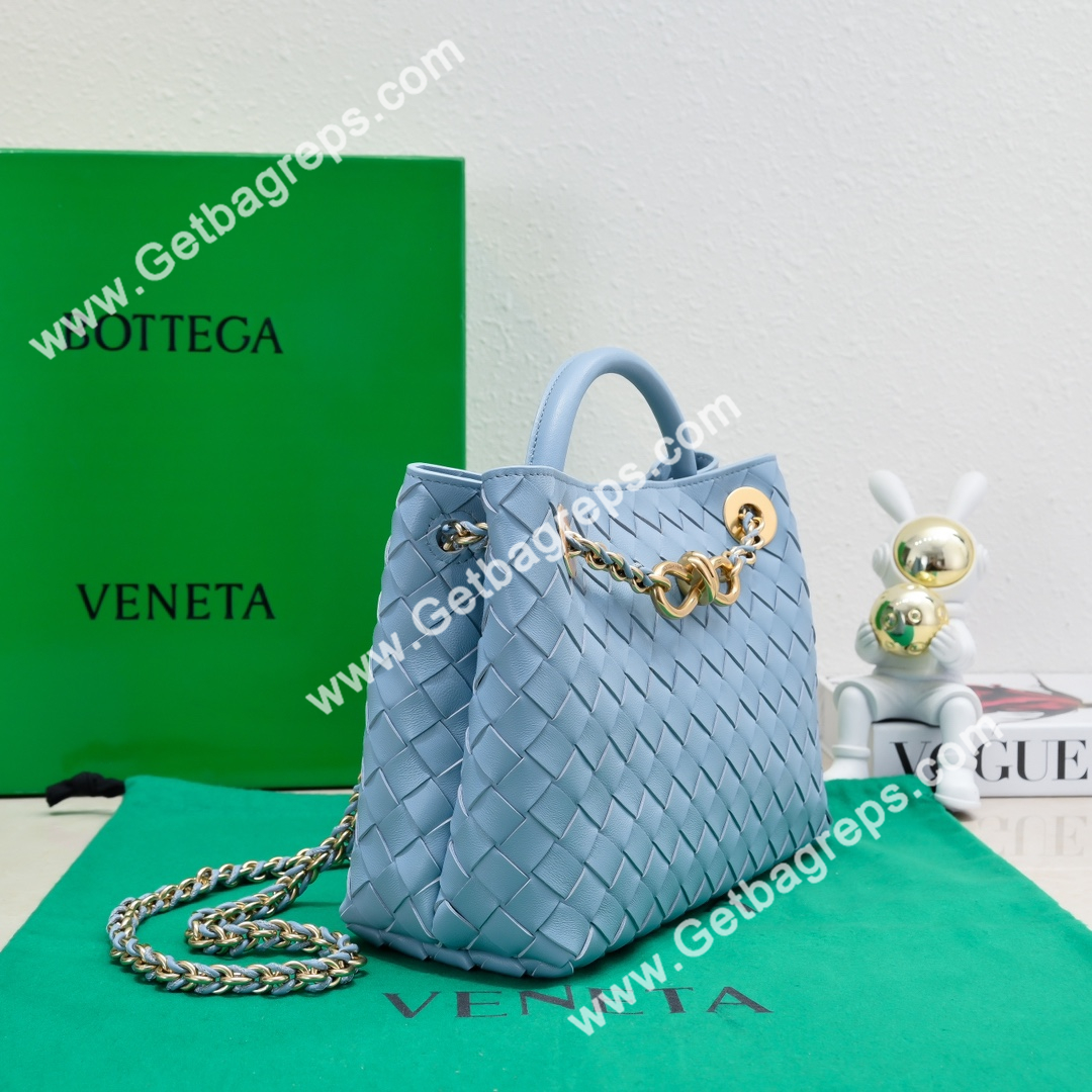 Bottega Veneta Small Andiamo With Chain Top Handle Bag in Supple Intrecciato Leather Blue