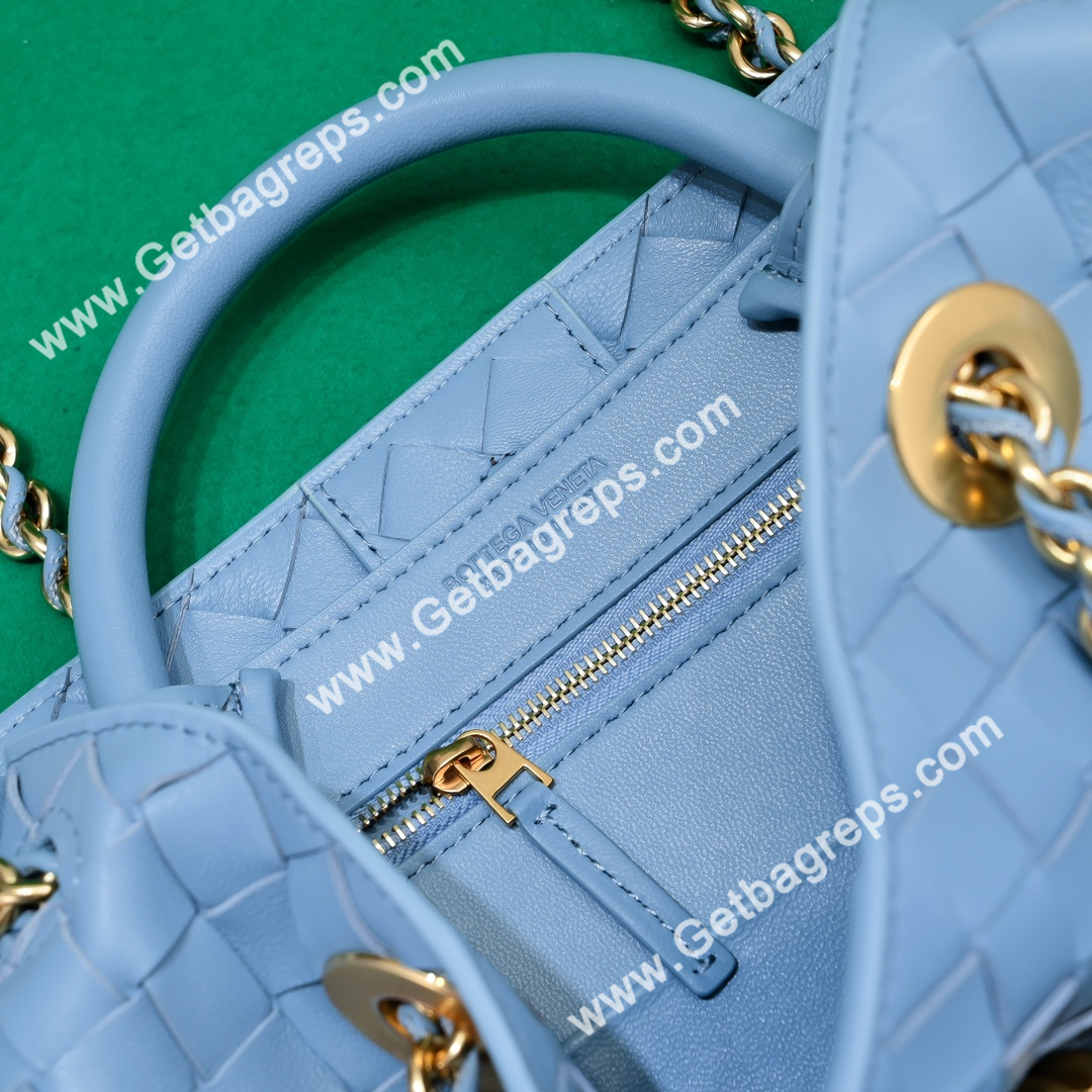 Bottega Veneta Small Andiamo With Chain Top Handle Bag in Supple Intrecciato Leather Blue