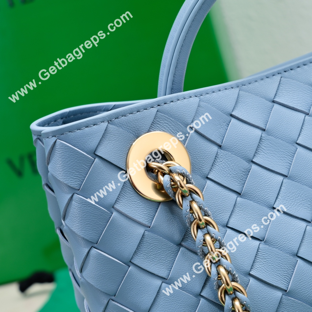 Bottega Veneta Small Andiamo With Chain Top Handle Bag in Supple Intrecciato Leather Blue