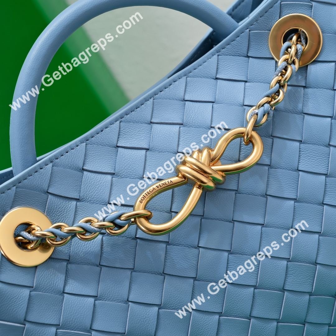 Bottega Veneta Small Andiamo With Chain Top Handle Bag in Supple Intrecciato Leather Blue