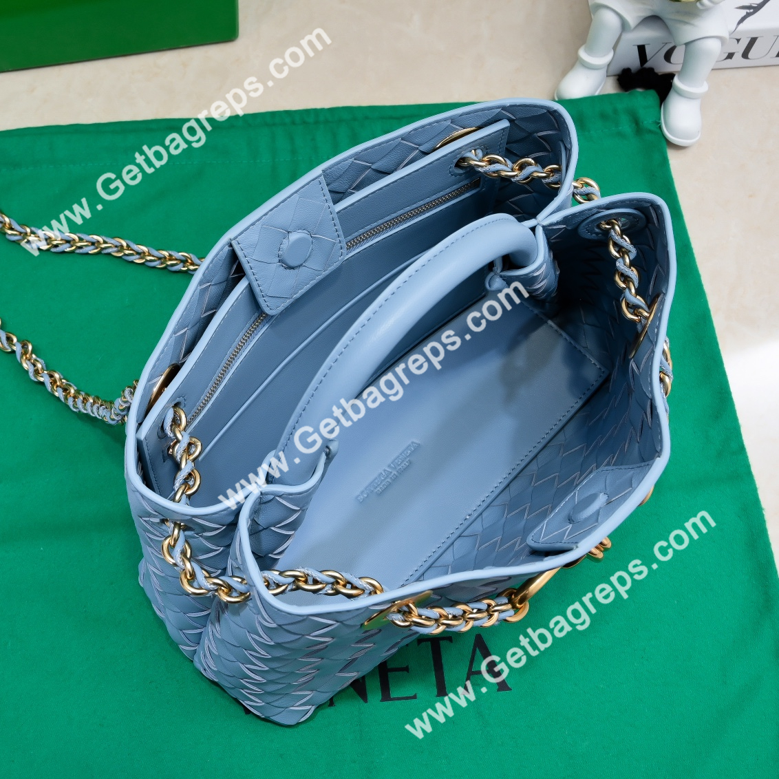 Bottega Veneta Small Andiamo With Chain Top Handle Bag in Supple Intrecciato Leather Blue