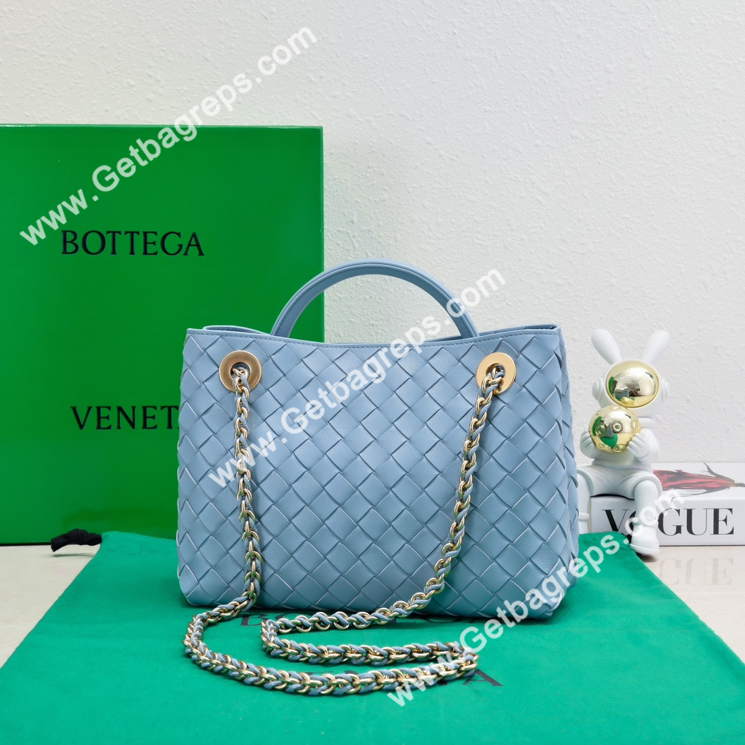 Bottega Veneta Small Andiamo With Chain Top Handle Bag in Supple Intrecciato Leather Blue