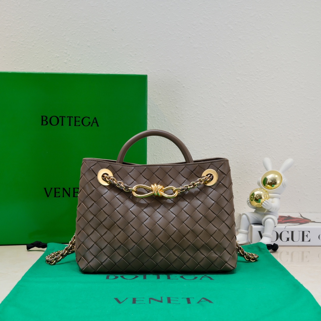 Bottega Veneta Small Andiamo With Chain Top Handle Bag in Supple Intrecciato Leather Brown