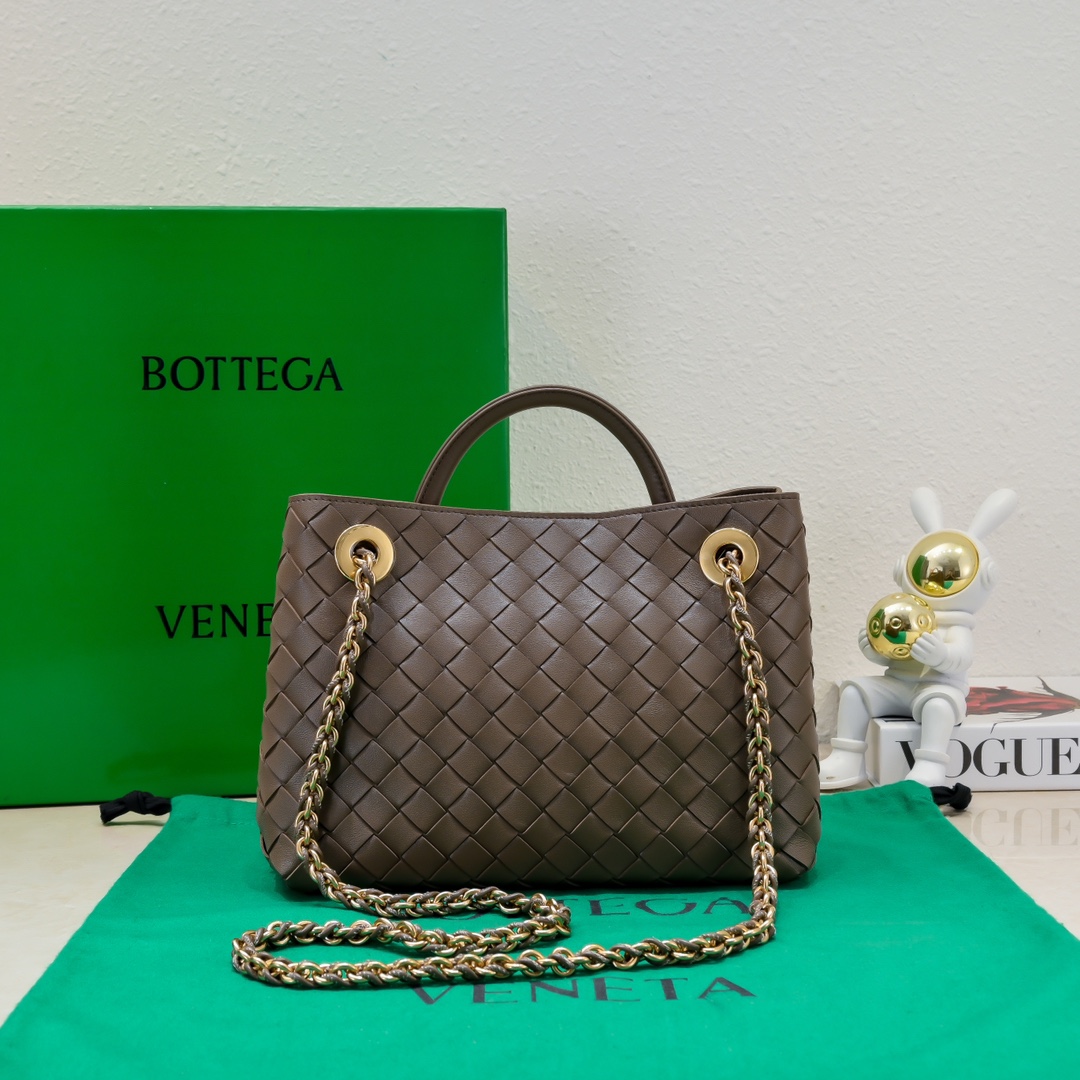 Bottega Veneta Small Andiamo With Chain Top Handle Bag in Supple Intrecciato Leather Brown