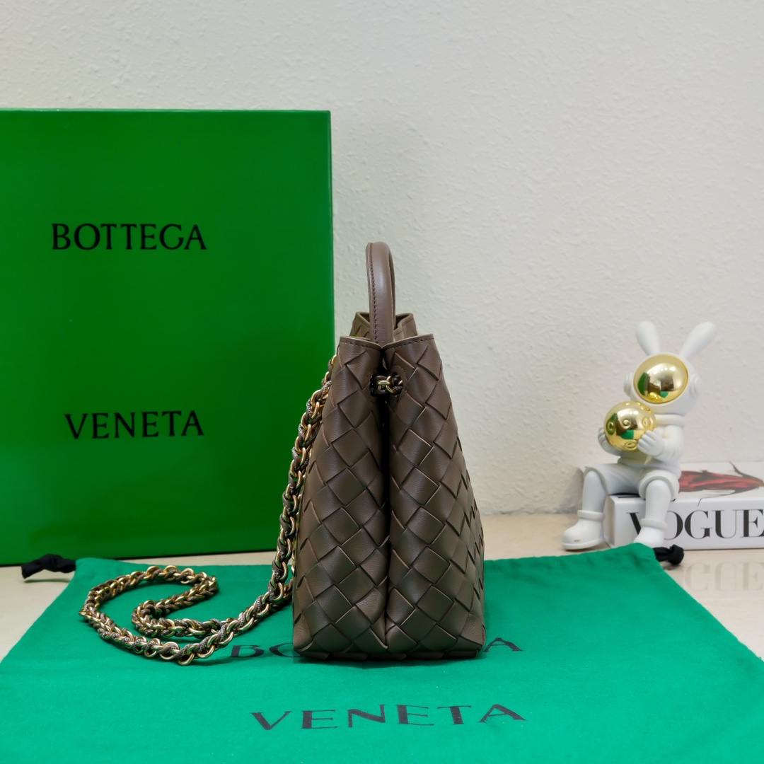 Bottega Veneta Small Andiamo With Chain Top Handle Bag in Supple Intrecciato Leather Brown