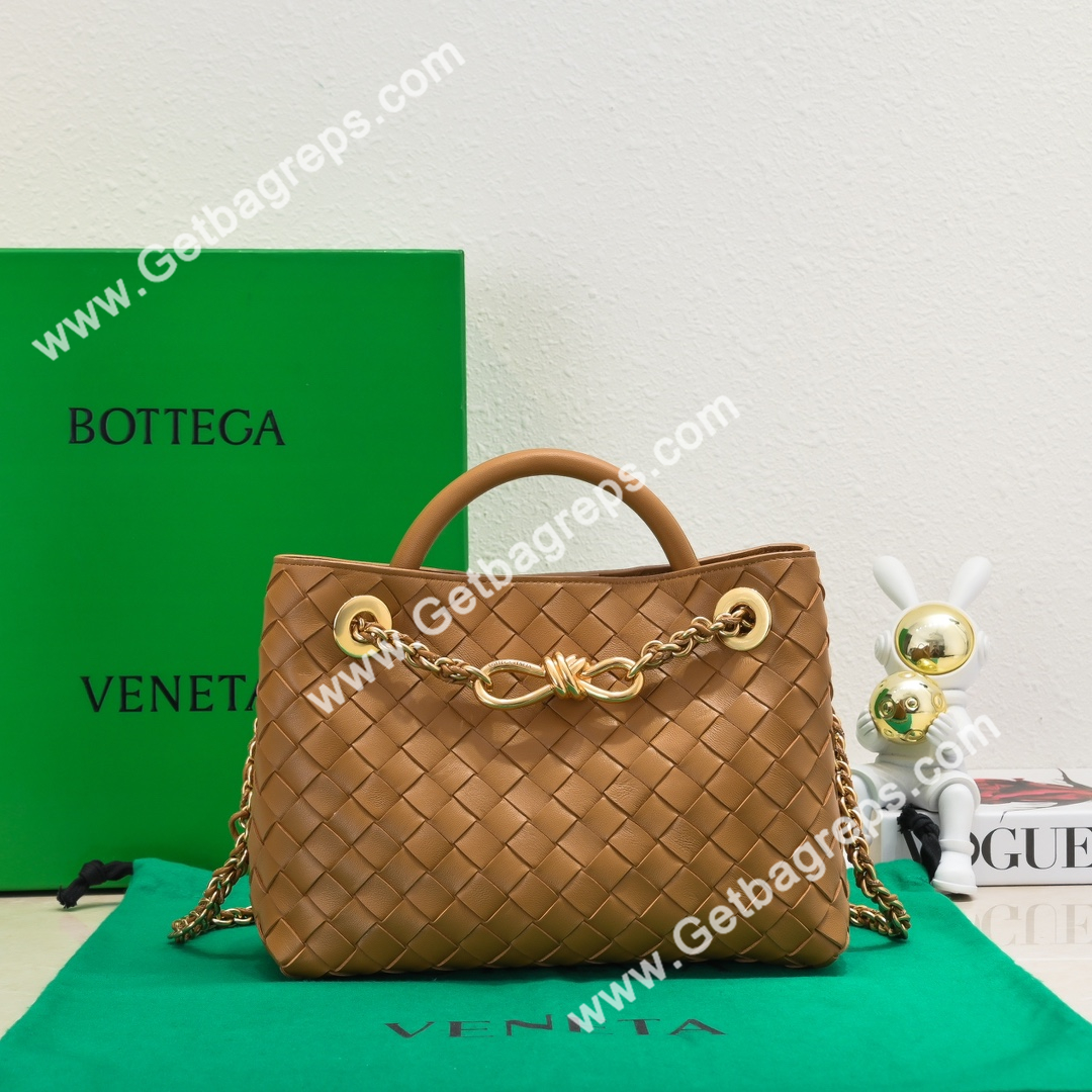 Bottega Veneta Small Andiamo With Chain Top Handle Bag in Supple Intrecciato Leather Caramel