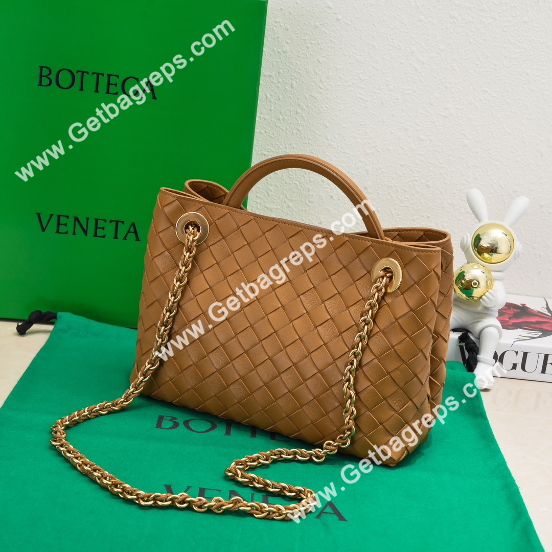 Bottega Veneta Small Andiamo With Chain Top Handle Bag in Supple Intrecciato Leather Caramel
