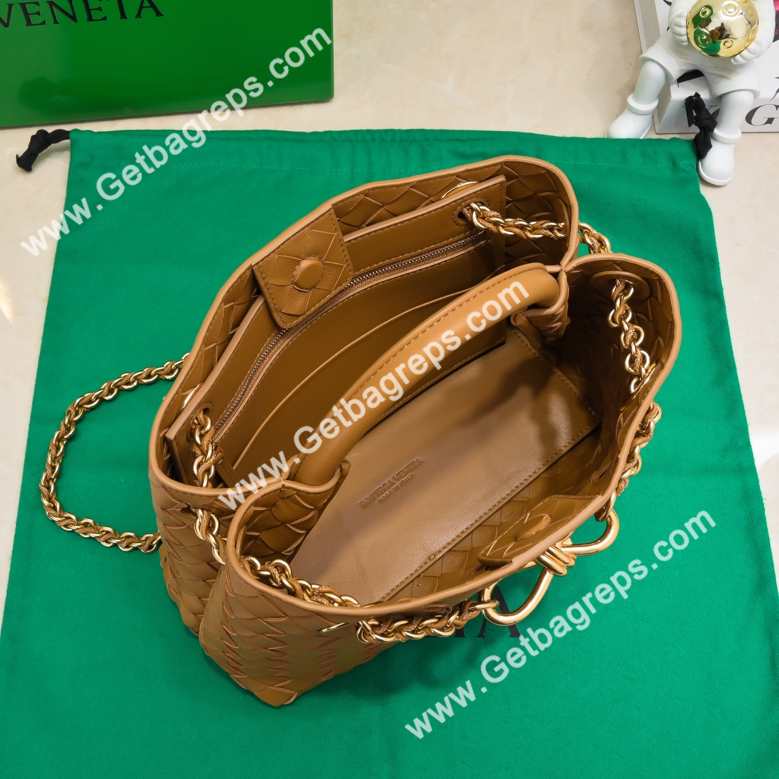 Bottega Veneta Small Andiamo With Chain Top Handle Bag in Supple Intrecciato Leather Caramel