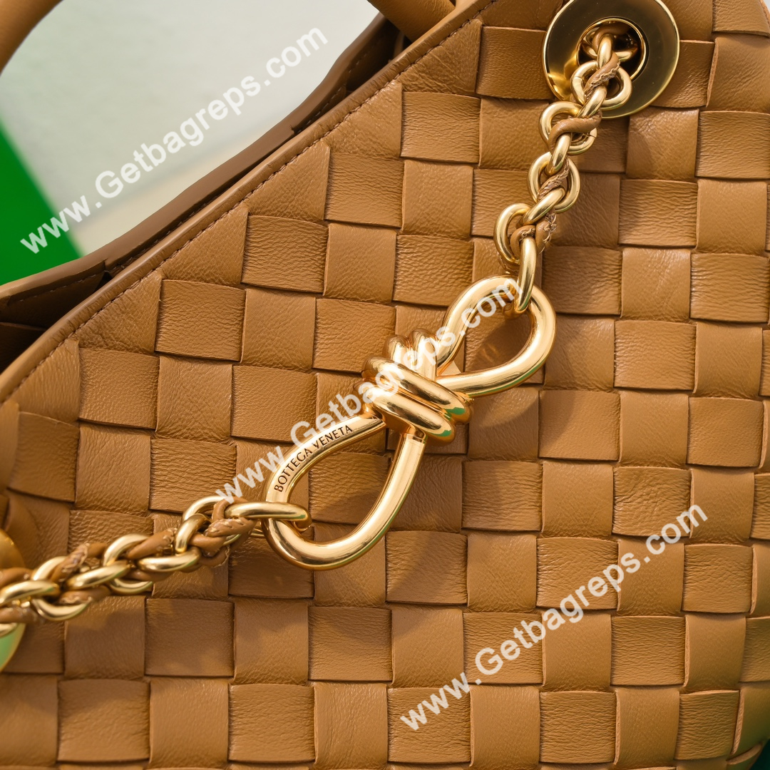 Bottega Veneta Small Andiamo With Chain Top Handle Bag in Supple Intrecciato Leather Caramel
