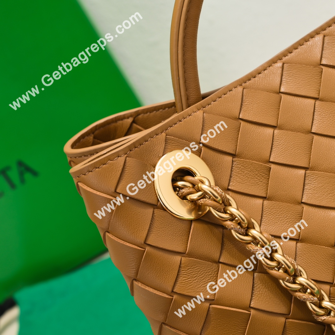 Bottega Veneta Small Andiamo With Chain Top Handle Bag in Supple Intrecciato Leather Caramel
