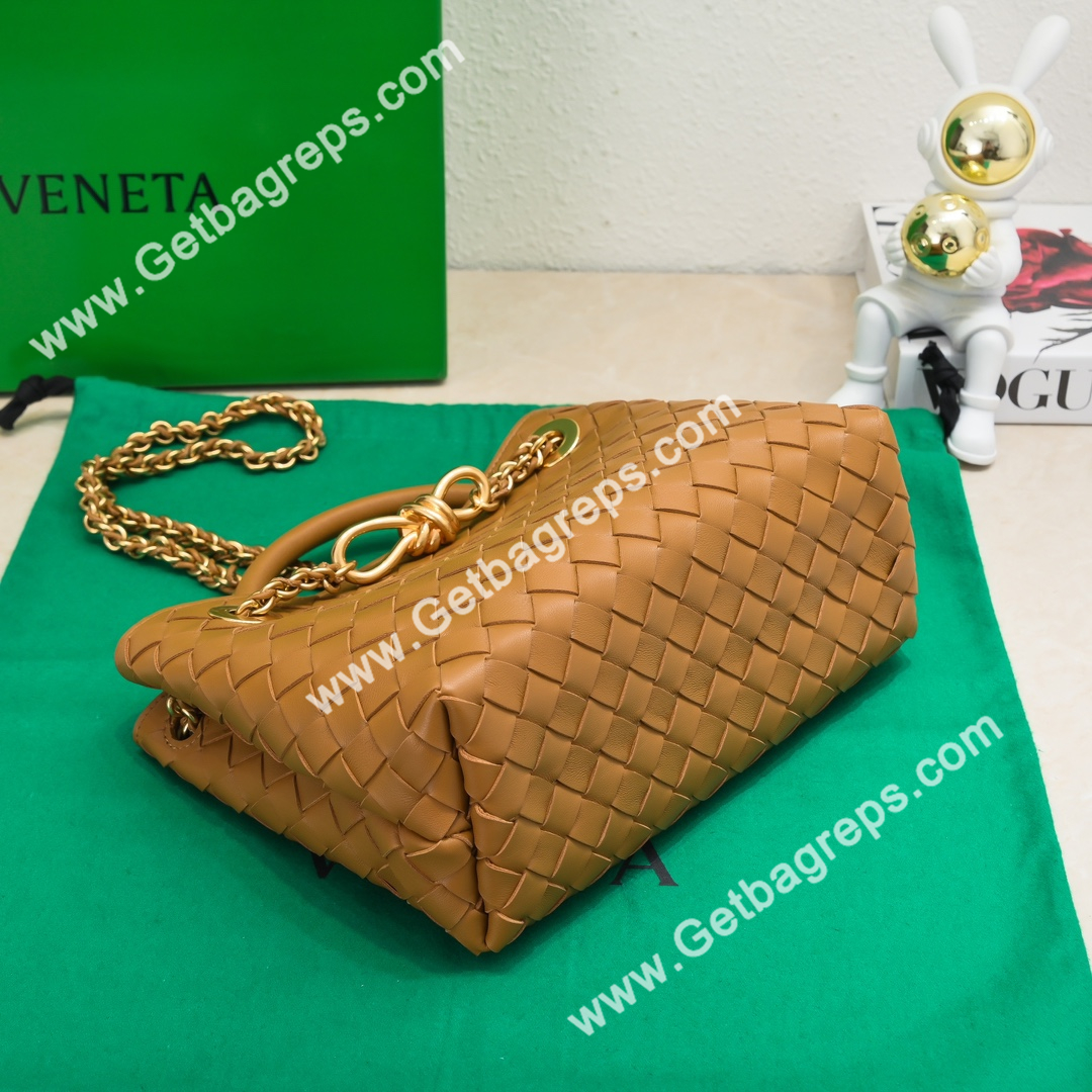 Bottega Veneta Small Andiamo With Chain Top Handle Bag in Supple Intrecciato Leather Caramel