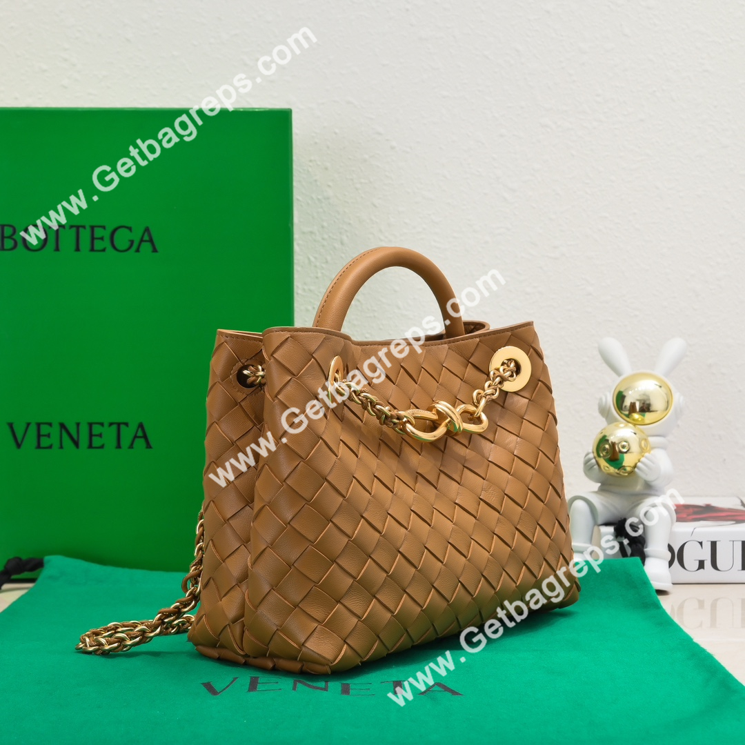 Bottega Veneta Small Andiamo With Chain Top Handle Bag in Supple Intrecciato Leather Caramel