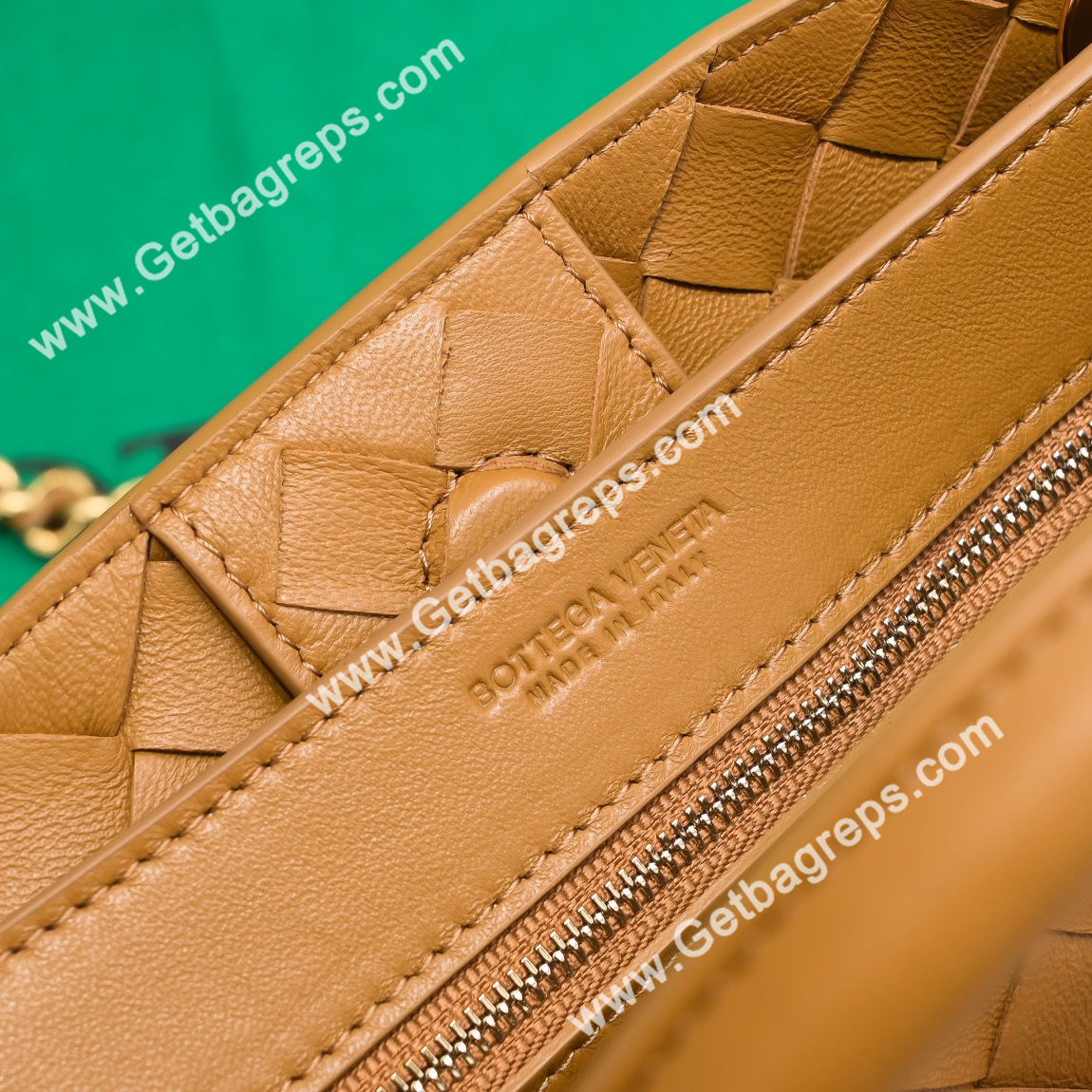 Bottega Veneta Small Andiamo With Chain Top Handle Bag in Supple Intrecciato Leather Caramel