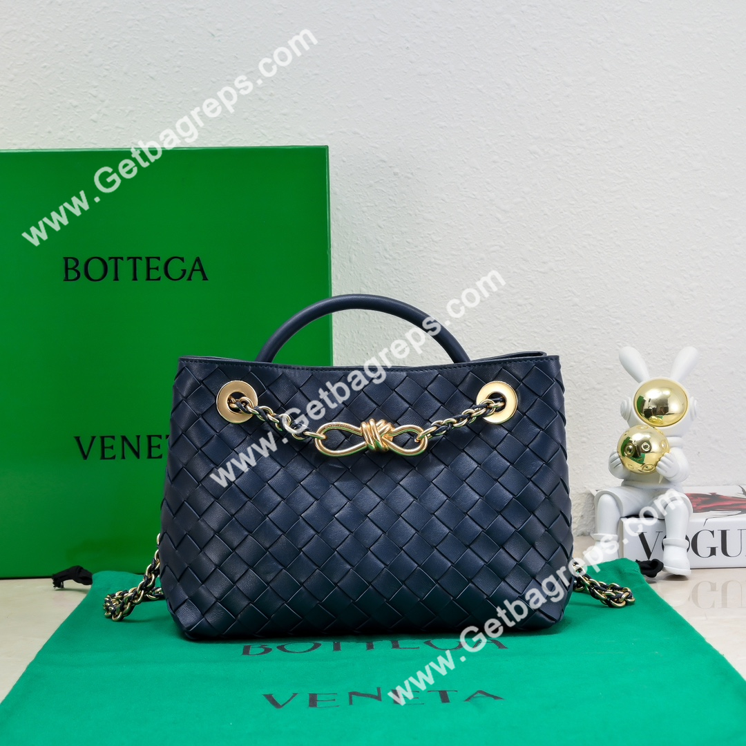 Bottega Veneta Small Andiamo With Chain Top Handle Bag in Supple Intrecciato Leather Dark Blue