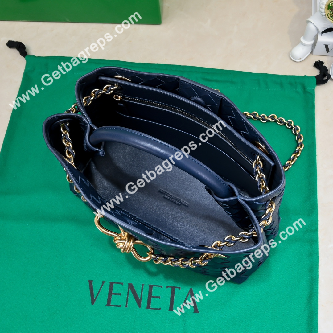 Bottega Veneta Small Andiamo With Chain Top Handle Bag in Supple Intrecciato Leather Dark Blue