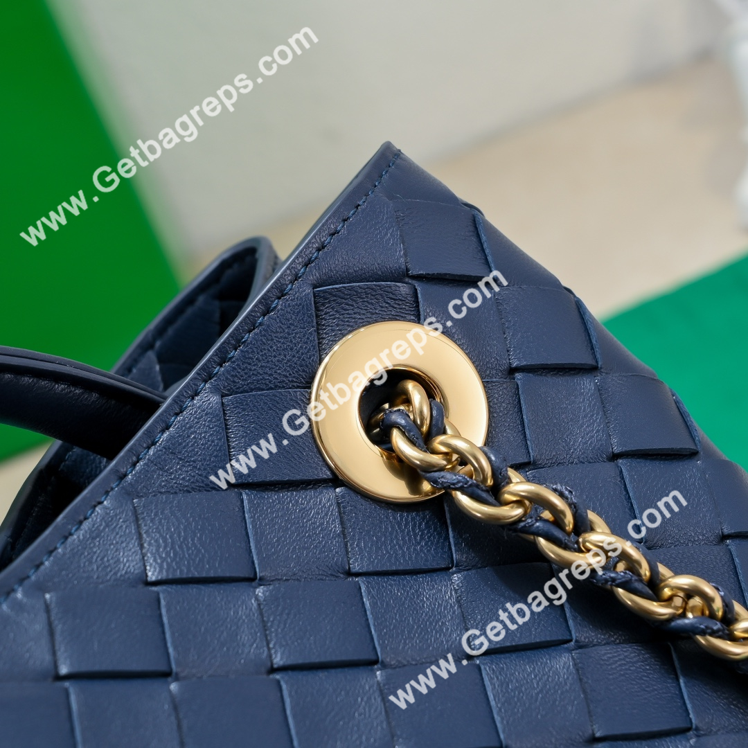Bottega Veneta Small Andiamo With Chain Top Handle Bag in Supple Intrecciato Leather Dark Blue