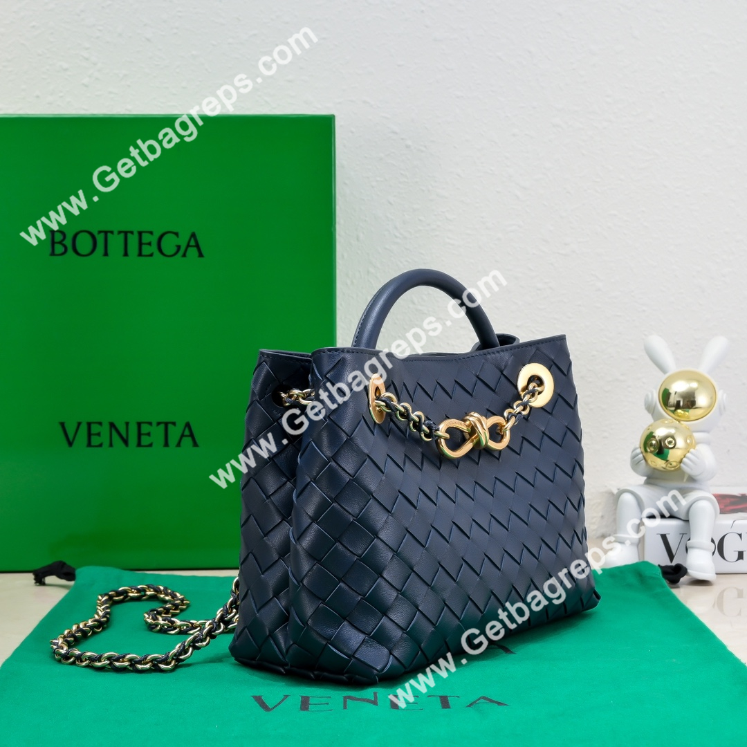 Bottega Veneta Small Andiamo With Chain Top Handle Bag in Supple Intrecciato Leather Dark Blue