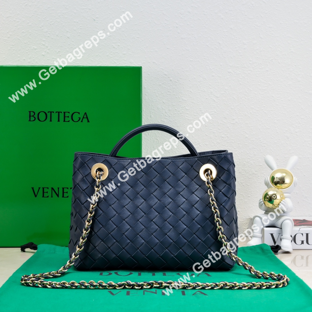 Bottega Veneta Small Andiamo With Chain Top Handle Bag in Supple Intrecciato Leather Dark Blue