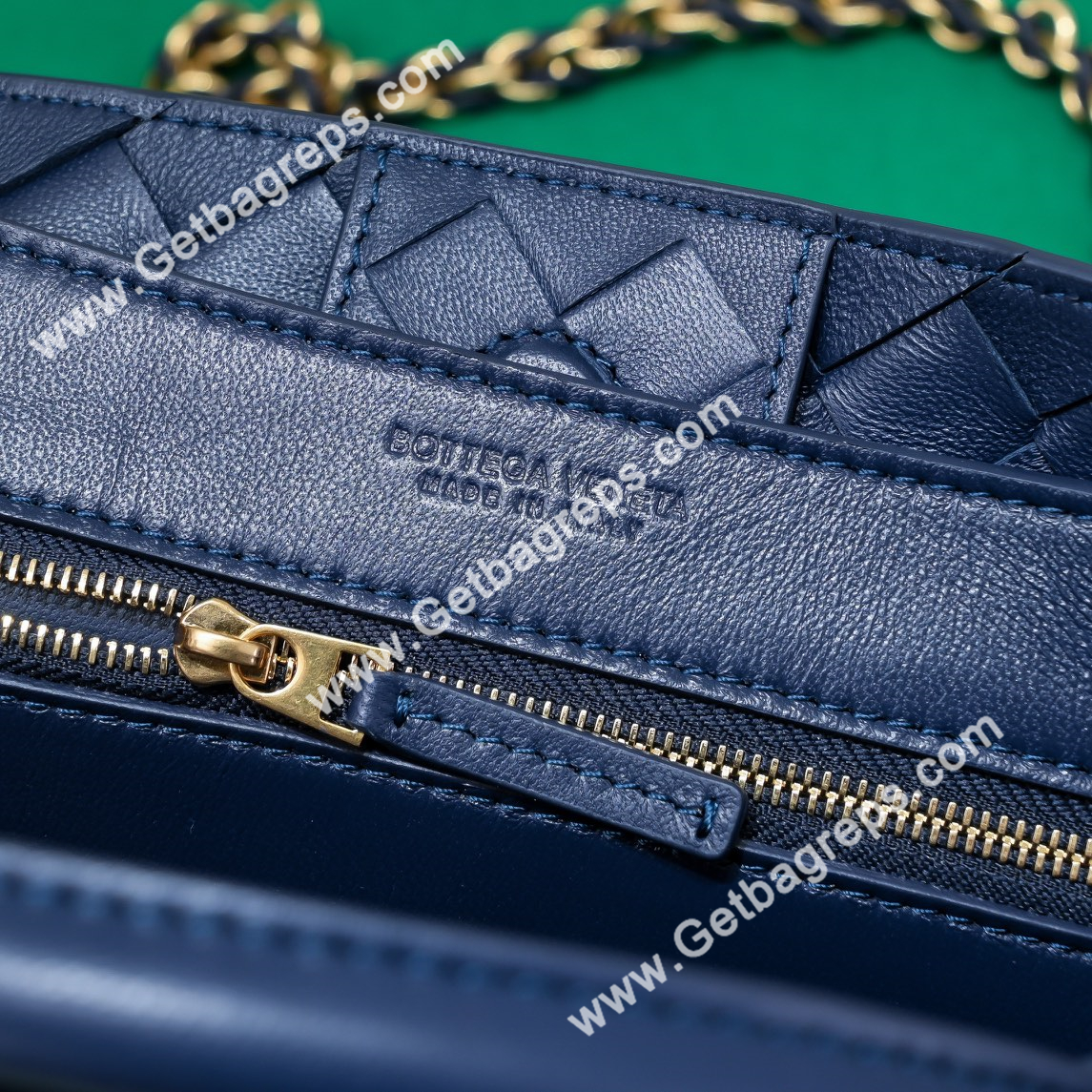 Bottega Veneta Small Andiamo With Chain Top Handle Bag in Supple Intrecciato Leather Dark Blue