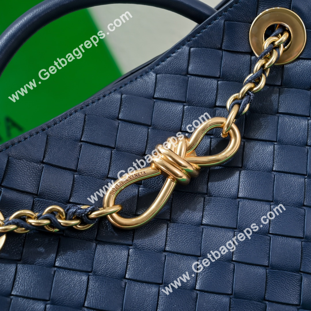 Bottega Veneta Small Andiamo With Chain Top Handle Bag in Supple Intrecciato Leather Dark Blue