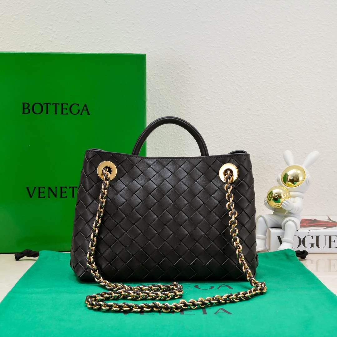 Bottega Veneta Small Andiamo With Chain Top Handle Bag in Supple Intrecciato Leather Dark Brown