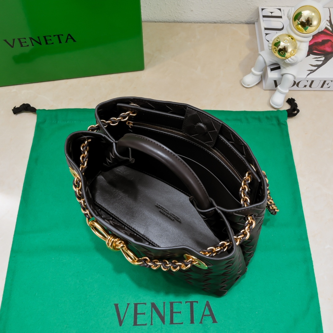 Bottega Veneta Small Andiamo With Chain Top Handle Bag in Supple Intrecciato Leather Dark Brown