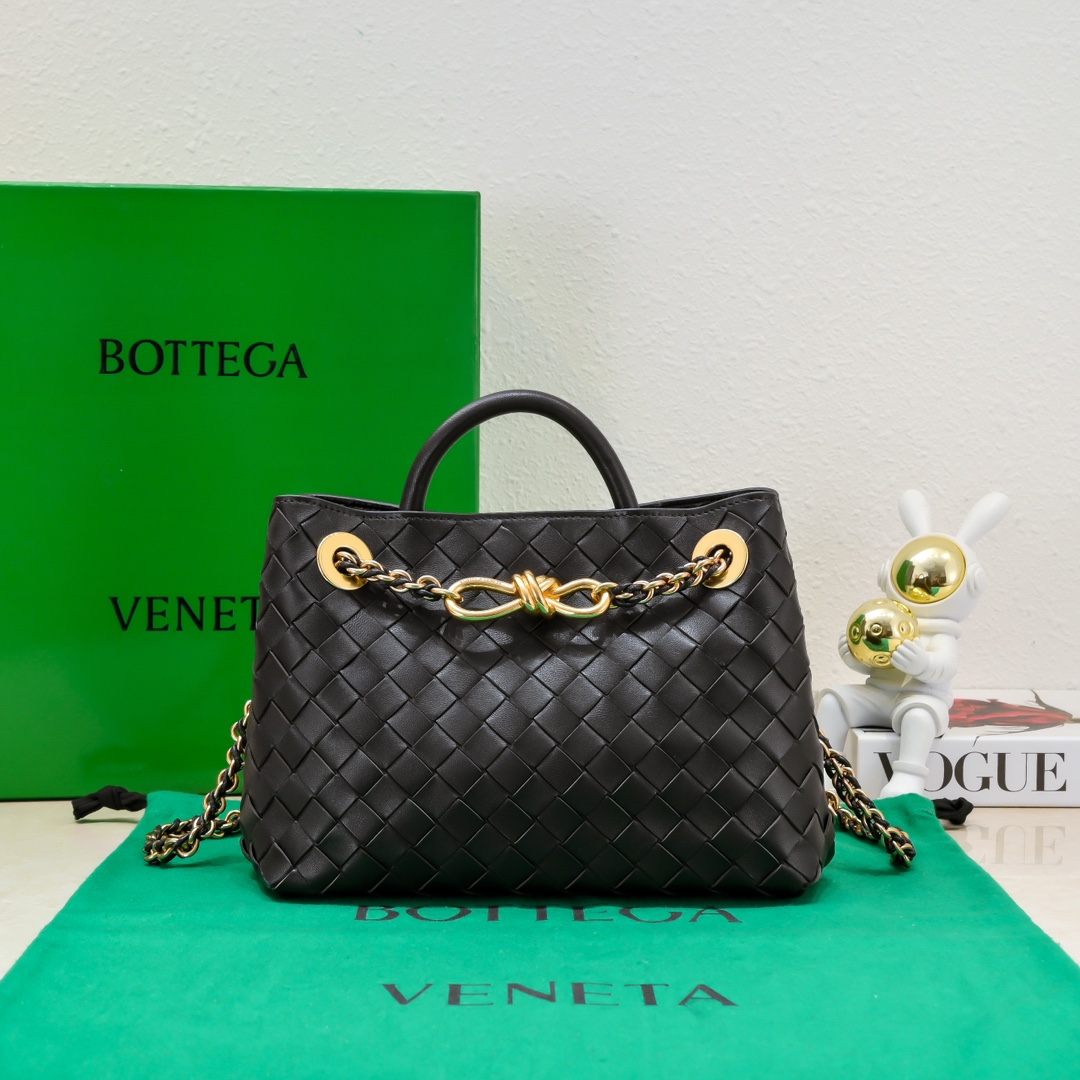 Bottega Veneta Small Andiamo With Chain Top Handle Bag in Supple Intrecciato Leather Dark Brown