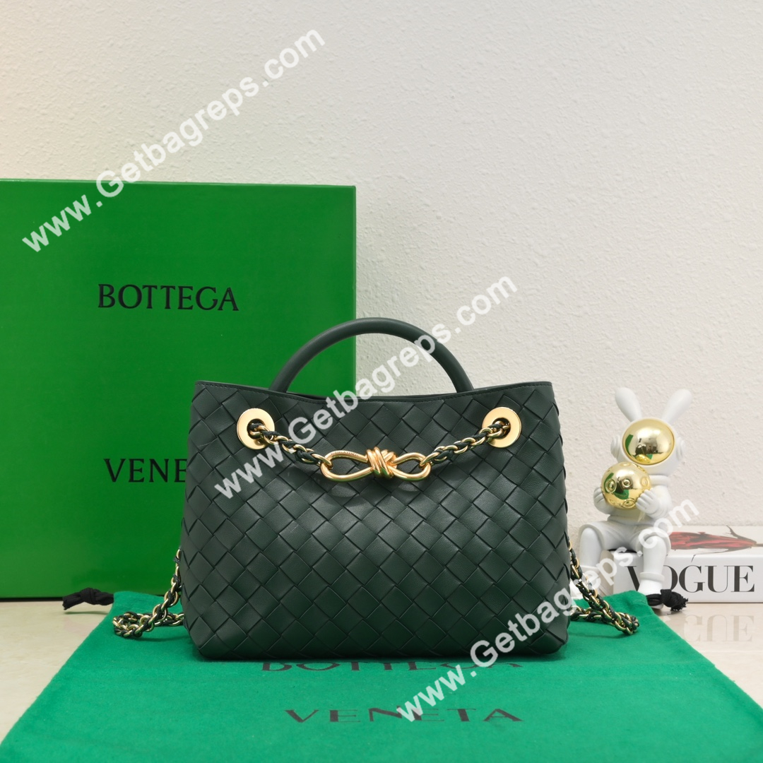 Bottega Veneta Small Andiamo With Chain Top Handle Bag in Supple Intrecciato Leather Dark Green