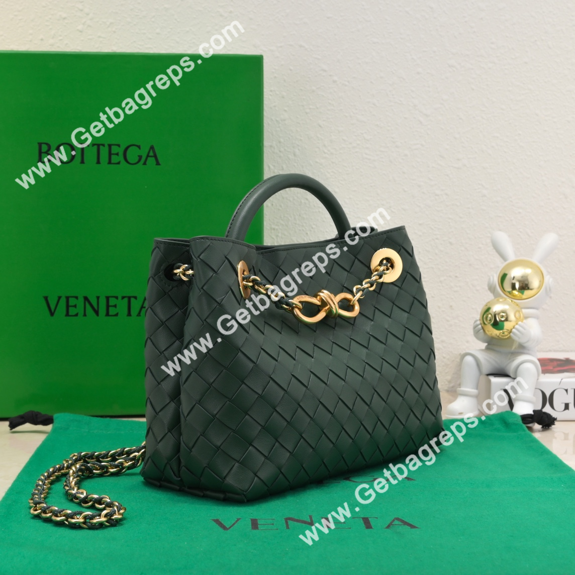 Bottega Veneta Small Andiamo With Chain Top Handle Bag in Supple Intrecciato Leather Dark Green