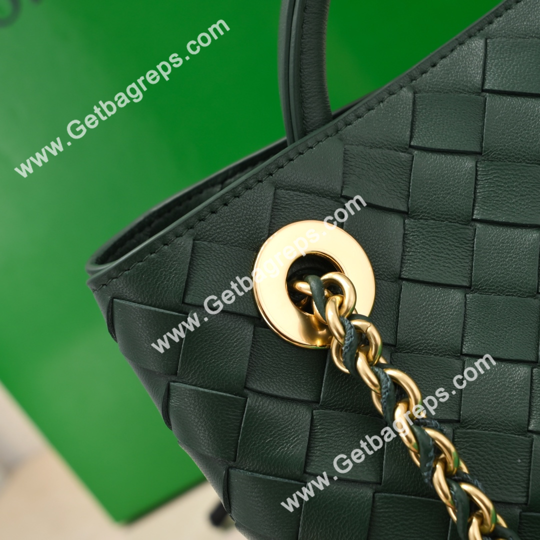 Bottega Veneta Small Andiamo With Chain Top Handle Bag in Supple Intrecciato Leather Dark Green