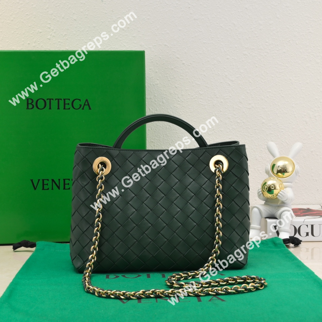 Bottega Veneta Small Andiamo With Chain Top Handle Bag in Supple Intrecciato Leather Dark Green