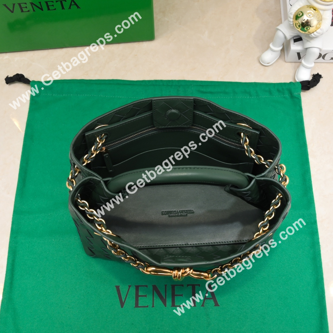 Bottega Veneta Small Andiamo With Chain Top Handle Bag in Supple Intrecciato Leather Dark Green