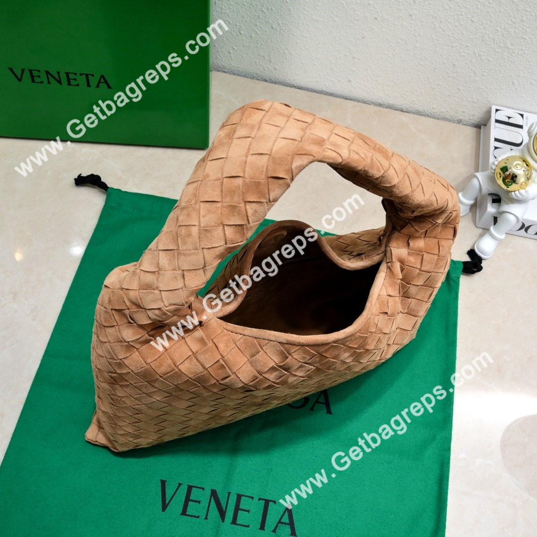 Bottega Veneta Small Hop Shoulder Bag with Intrecciato Craftsmanship in Smooth Suede 41cm Caramel