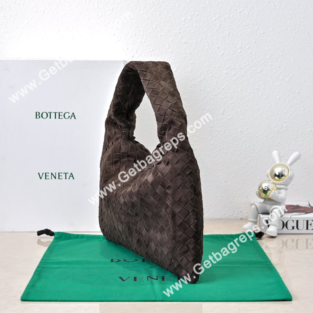 Bottega Veneta Small Hop Shoulder Bag with Intrecciato Craftsmanship in Smooth Suede 41cm Dark Coffee