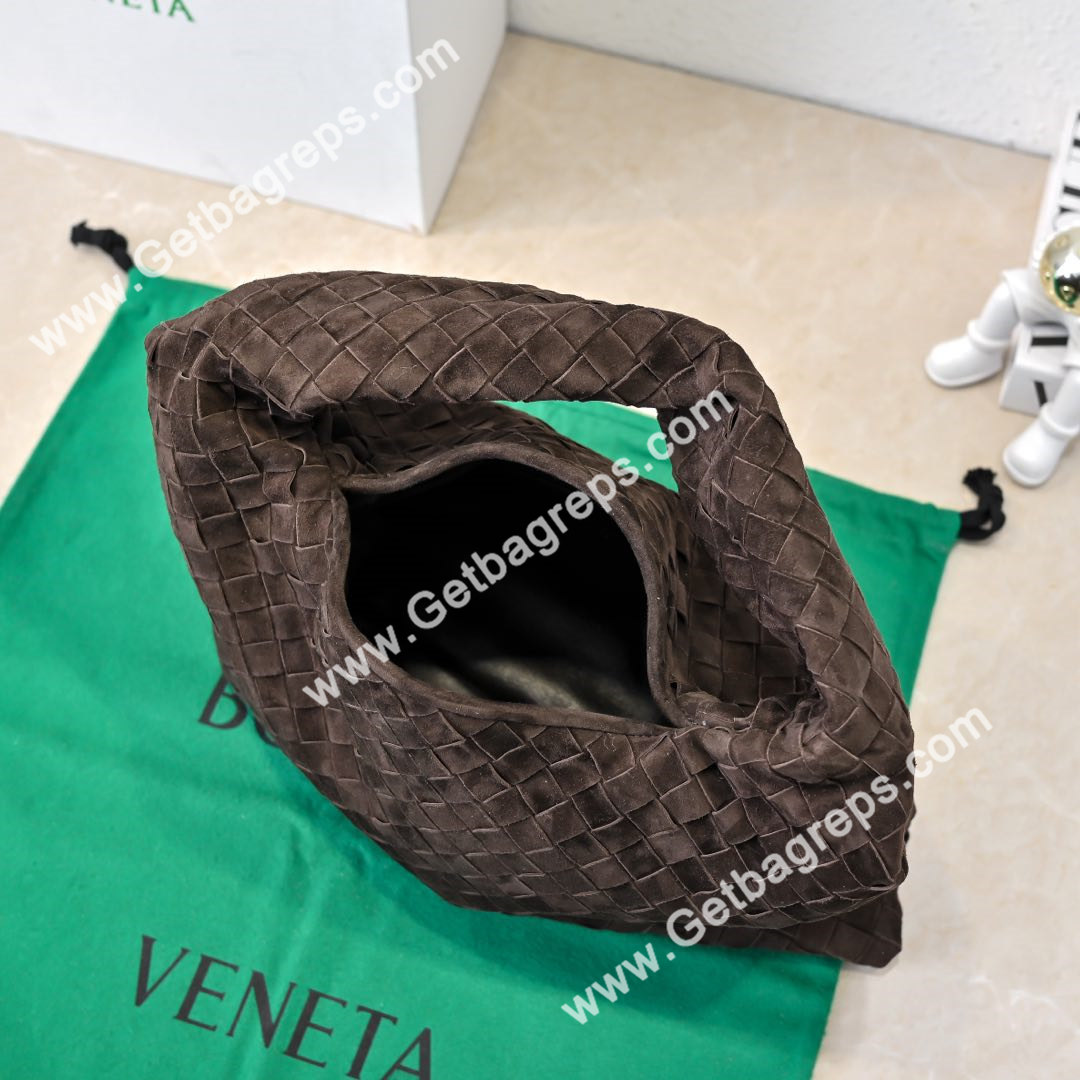 Bottega Veneta Small Hop Shoulder Bag with Intrecciato Craftsmanship in Smooth Suede 41cm Dark Coffee