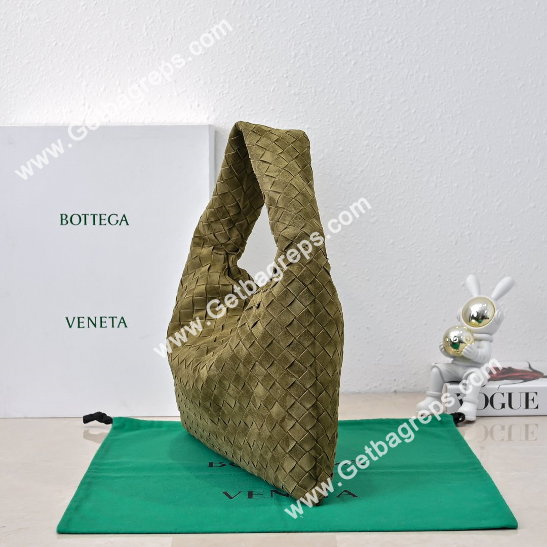 Bottega Veneta Small Hop Shoulder Bag with Intrecciato Craftsmanship in Smooth Suede 41cm Dark Green