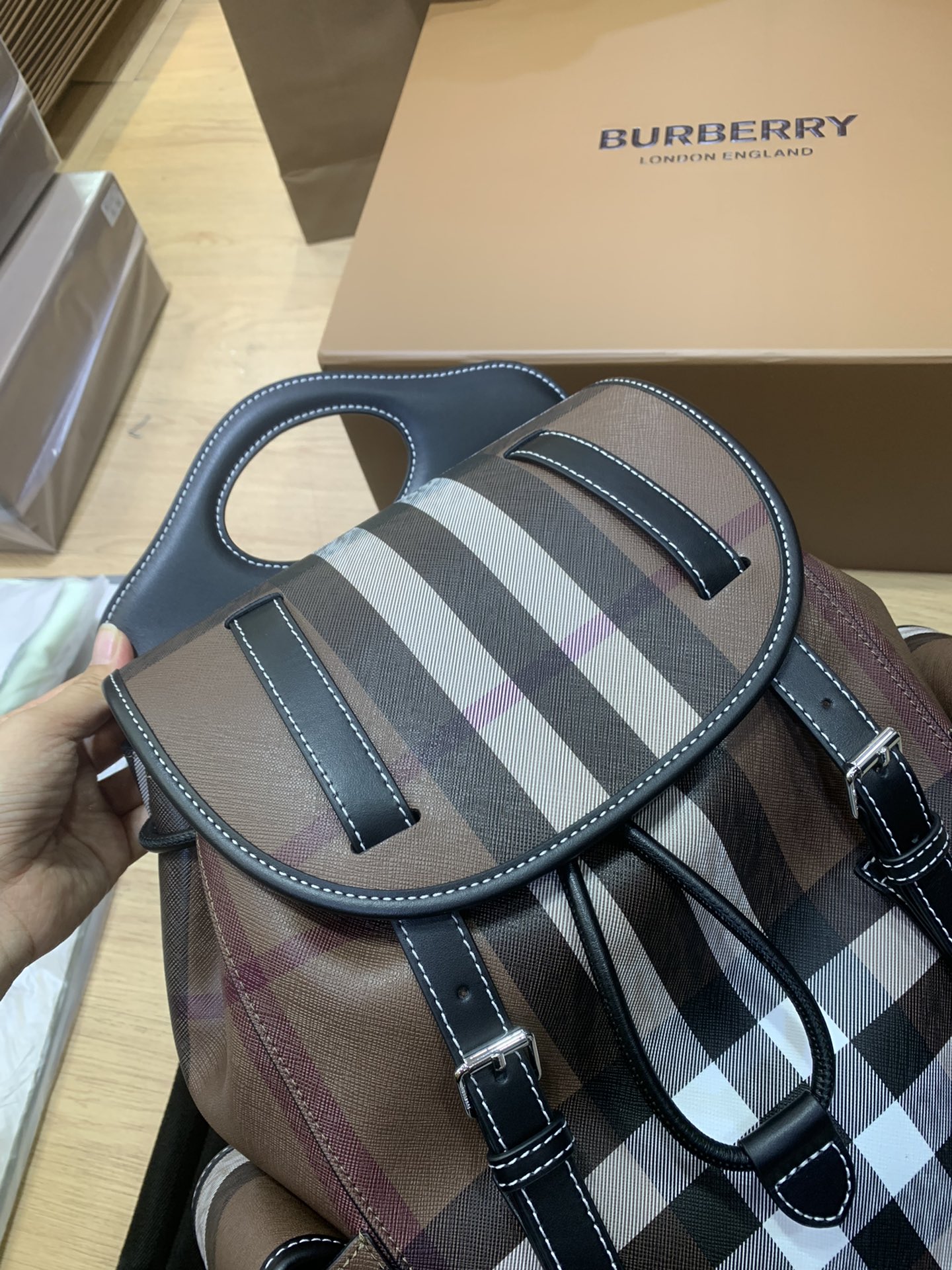 Burberry 650667 Backpack Exaggerated Check and Leather Backpack