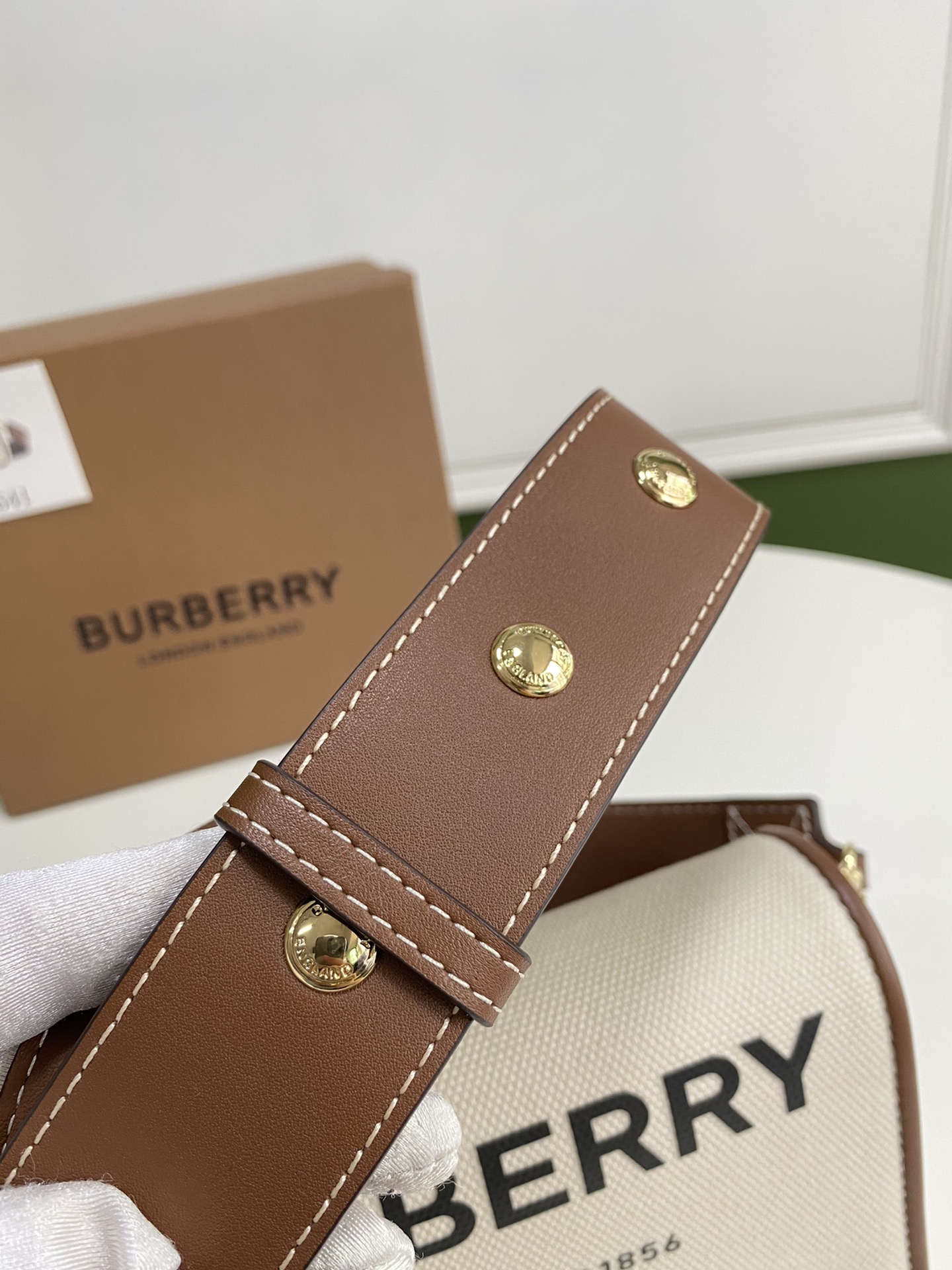 Burberry Horseferry Print Canvas Note Crossbody Bag Natural Tan