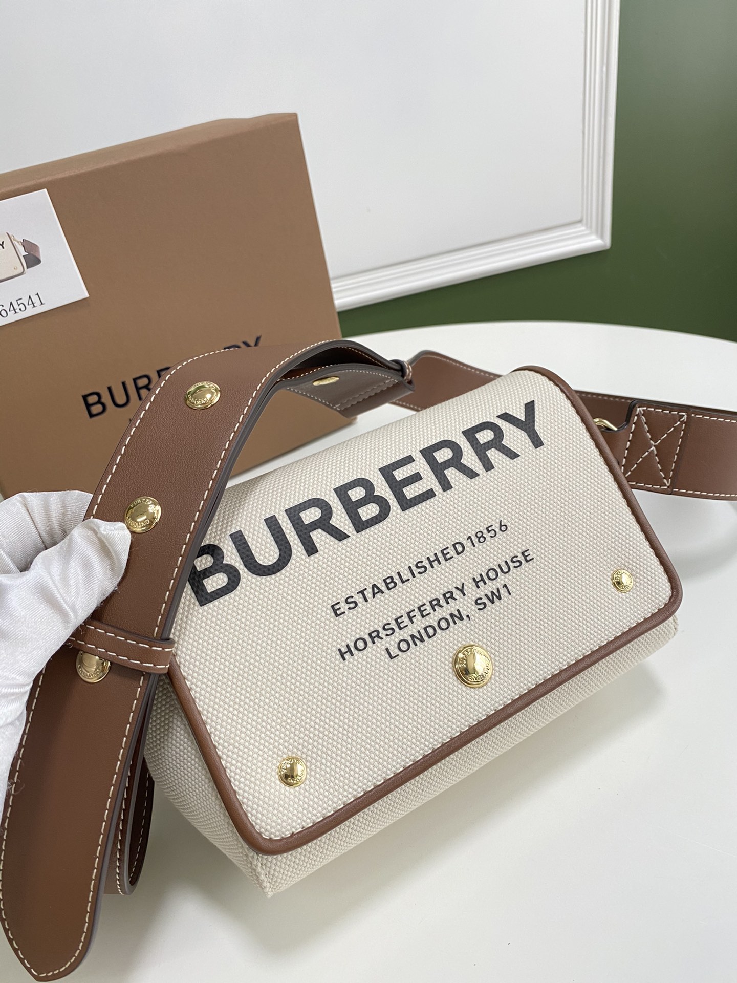 Burberry Horseferry Print Canvas Note Crossbody Bag Natural Tan