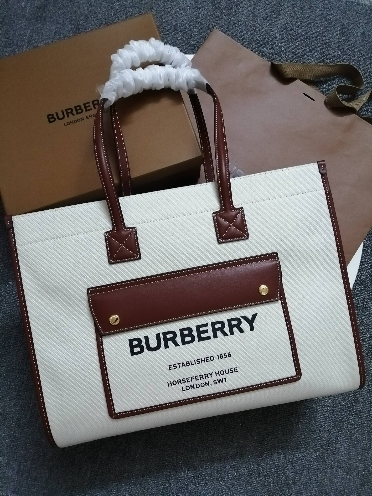 Burberry Large Two-tone Canvas and Leather Freya Tote Brown