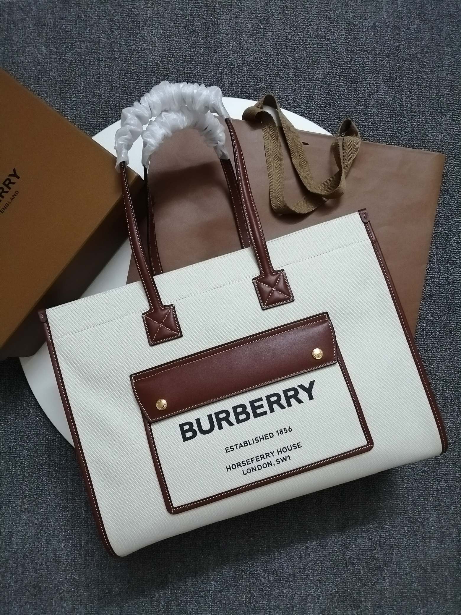 Burberry Large Two-tone Canvas and Leather Freya Tote Brown