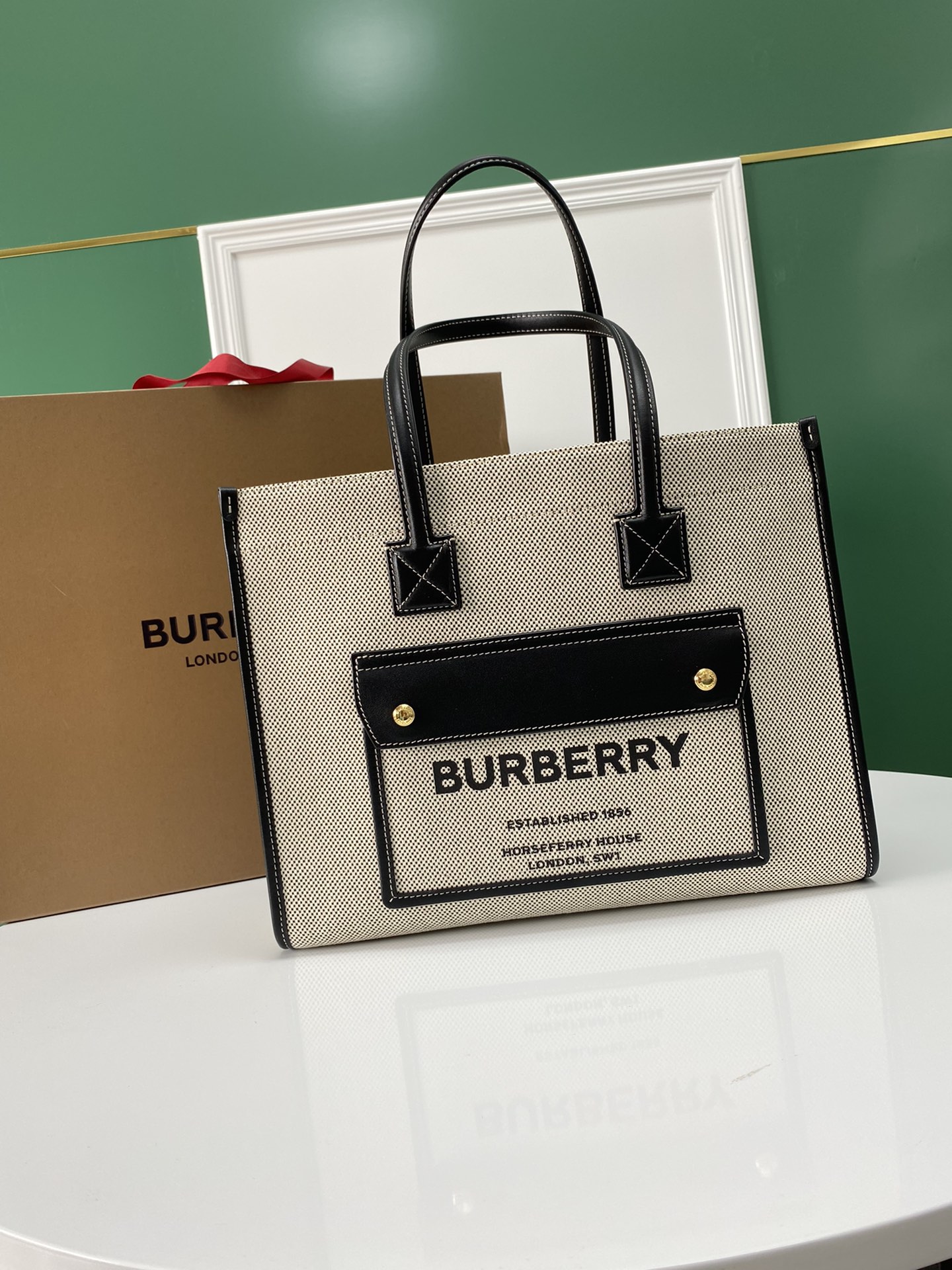 Burberry Medium Freya Tote in Canvas Trimmed Natural and Black