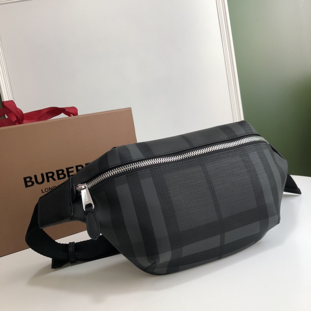 Burberry Men Medium London Check and Leather Bum Bag Dark Charcoal