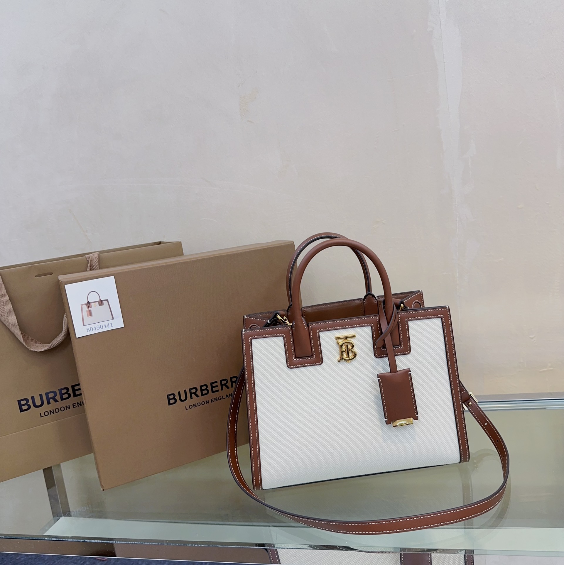 Burberry Mini Frances Bag Thomas Burberry Monogram Two-tone Grainy Calf Leather White and Coffee