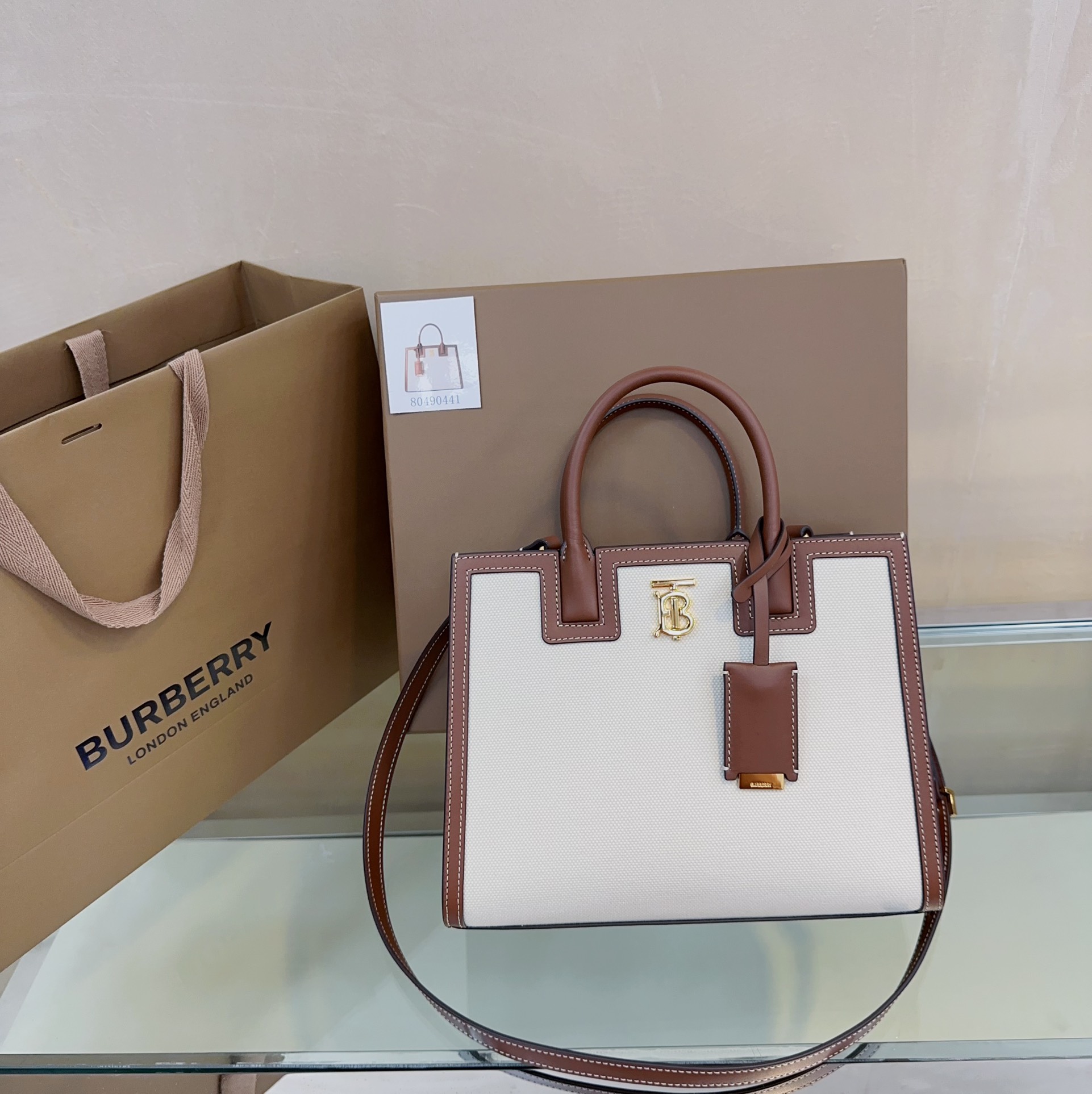 Burberry Mini Frances Bag Thomas Burberry Monogram Two-tone Grainy Calf Leather White and Coffee