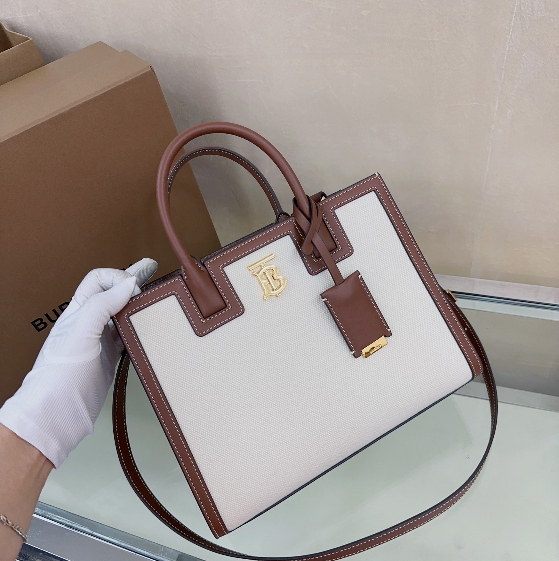 Burberry Mini Frances Bag Thomas Burberry Monogram Two-tone Grainy Calf Leather White and Coffee